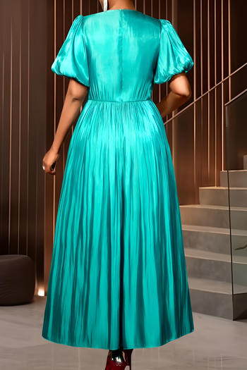 Stylish plus size slight stretch pure color v-neck pleated maxi dress