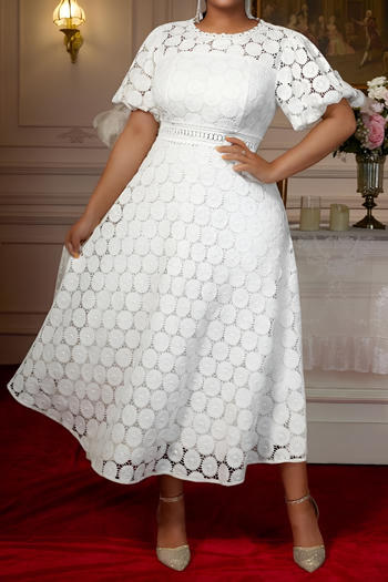 stylish plus size slight stretch lace short sleeve midi dress