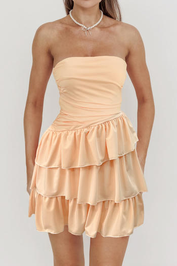 casual slight stretch solid color tube top pleated ruffle mini dress