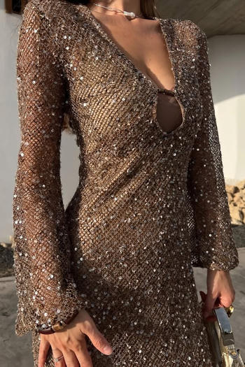 sexy slight stretch knitted sequins long sleeve midi dress