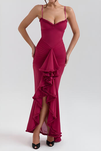 xs-xl sexy slight stretch 5 colors mesh stitching low-cut ruffle maxi dress