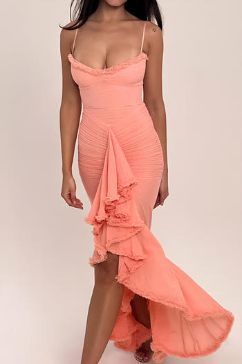xs-xl sexy slight stretch mesh stitching low-cut ruffle maxi dress