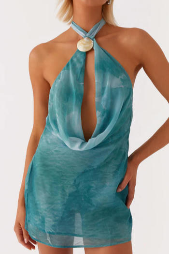 sexy non-stretch halter neck tie-dye printed large backless mini dress