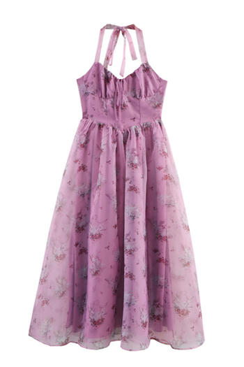 casual non-stretch floral batch printing halter-neck midi dress