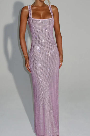 elegant slight stretch 7-colors solid color slim rhinestone backless maxi dress