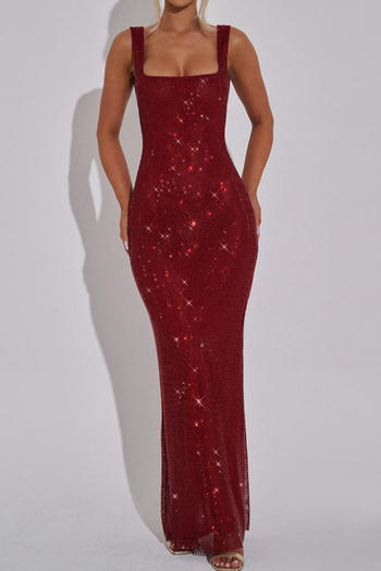 Elegant slight stretch 7-colors solid color slim rhinestone backless maxi dress