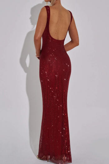 Elegant slight stretch 7-colors solid color slim rhinestone backless maxi dress