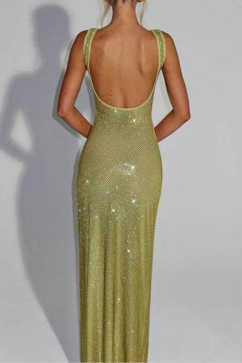 Elegant slight stretch 7-colors solid color slim rhinestone backless maxi dress