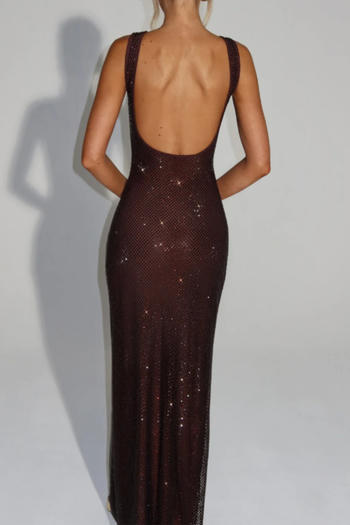 Elegant slight stretch 7-colors solid color slim rhinestone backless maxi dress