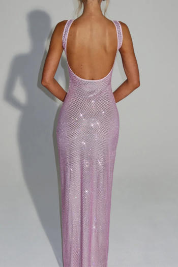 Elegant slight stretch 7-colors solid color slim rhinestone backless maxi dress