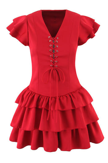 sexy slight stretch v-neck solid color lace-up ruffle mini dress