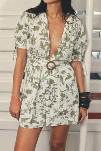 casual non-stretch flower brunch printing with belt mini dress