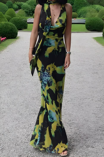 sexy non-stretch chiffon batch printing with scarf maxi dress