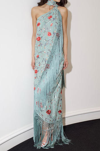 sexy non-stretch flower batch printing tassels decor halter-neck maxi dress