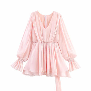 casual non-stretch solid color v-neck long sleeve mini dress