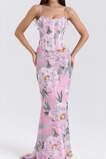 xs-l stylish slight stretch flower print boned backless sling mermaid maxi dress