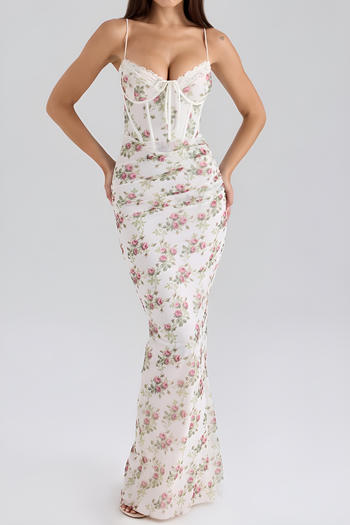 xs-l sexy floral print lace stitching underwire boned backless sling maxi dress