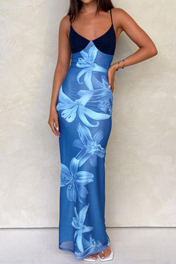 casual slight stretch flower batch printing v-neck sling maxi dress