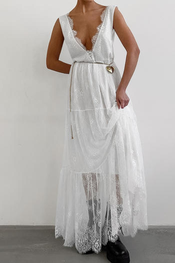 sexy non-stretch lace v-neck solid color maxi dress