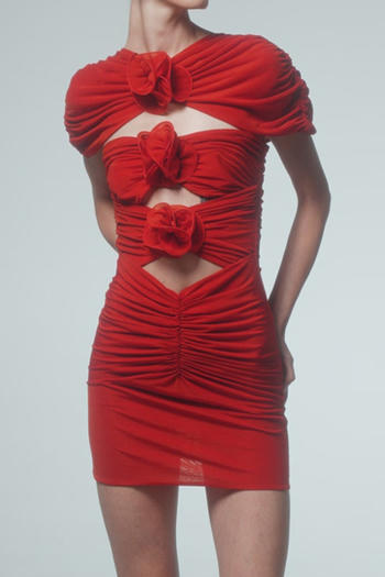sexy slight stretch crew neck flower decor hollow mini dress