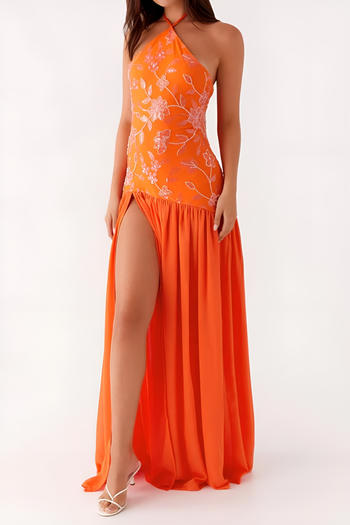 sexy non-stretch chiffon splicing backless high slit sequinsmaxi dress