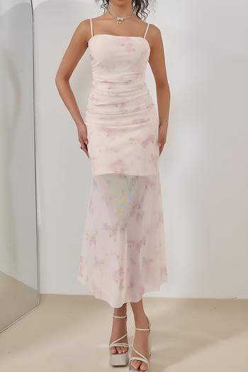 casual slight stretch sling mesh floral print pleated maxi dress