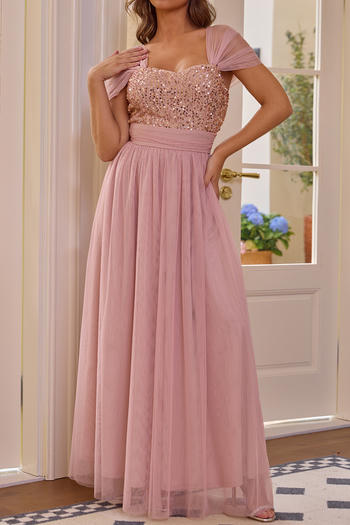 elegant non-stretch mesh short-sleeved sequined maxi dress