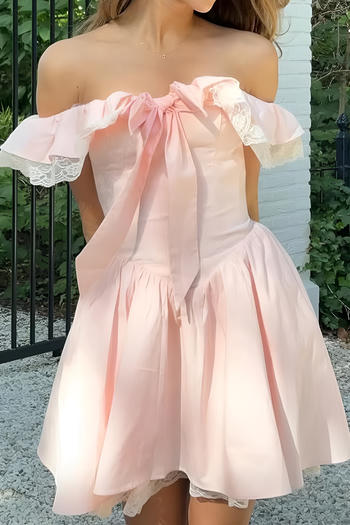 casual non-stretch off shoulder bow decor mini dress