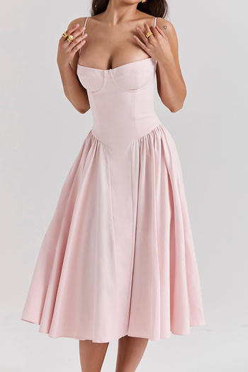 casual non-stretch solid color suspenders high quality midi dress