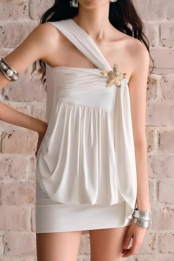 stylish slight stretch metallic flower decor one shoulder mini dress