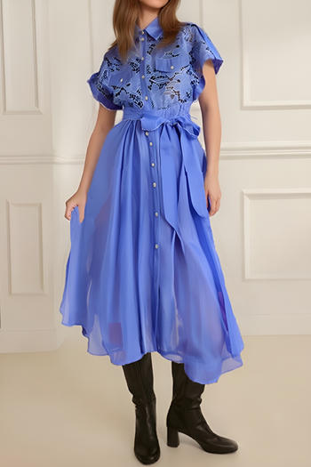 stylish retro slight stretch hollow midi shirt dress with sling dress