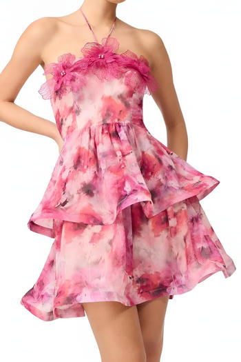 stylish sweet slight stretch tie dye 3d flower halter-neck mini dress