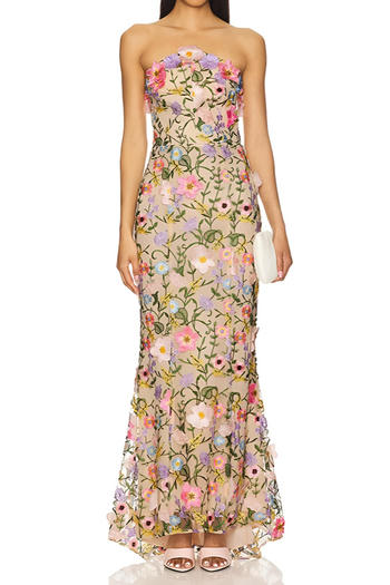 elegant slight stretch mesh embroidery 3d flower tube with lined maxi dress