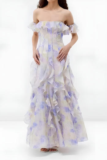 elegant slight stretch floral print off shoulder ruffle with lined maxi dress