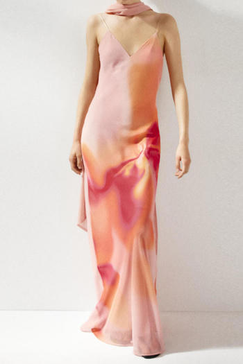 sexy non-stretch v-neck tie-dye printing with scarf maxi dress