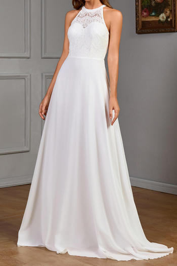 elegant non-stretch stitching lace crew neck zip-up maxi dress