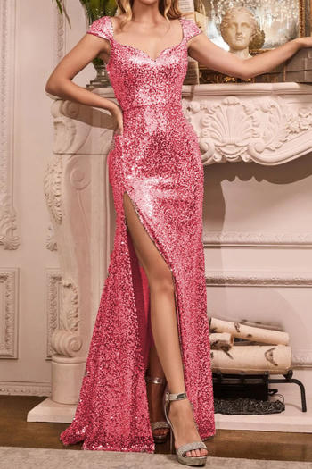 Elegant non-stretch sequin decor v-neck slit maxi dress