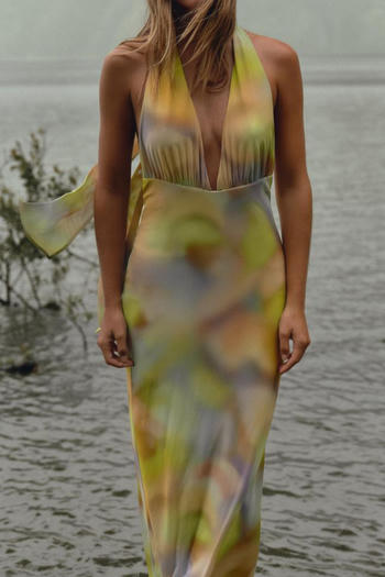 sexy slight stretch mesh batch printing halter-neck maxi dress