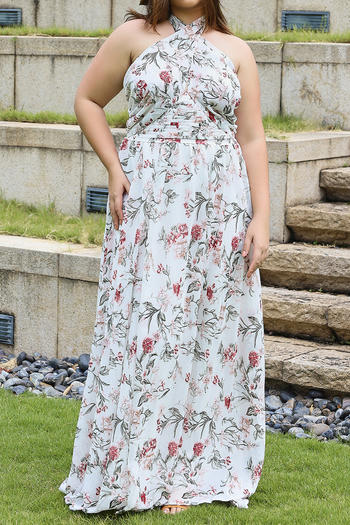 casual plus size non-stretch halter-neck floral batch printing maxi dress