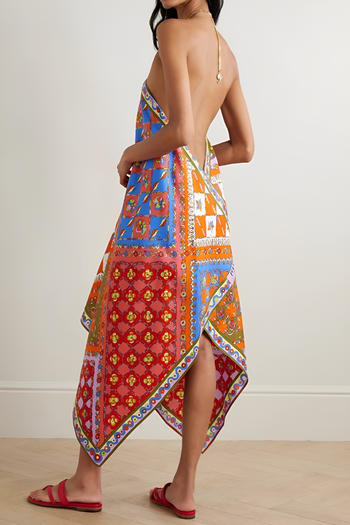 sexy non-stretch metal chain halter neck large backless printed midi dress