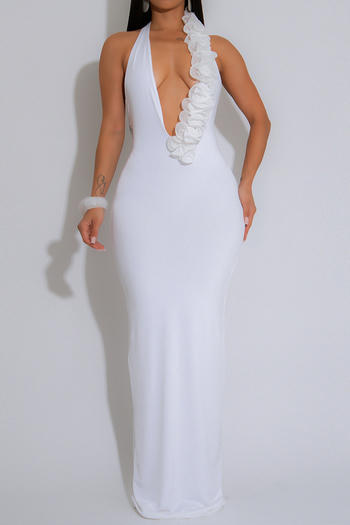 sexy plus size slight stretch solid color deep v-neck slim backless maxi dress