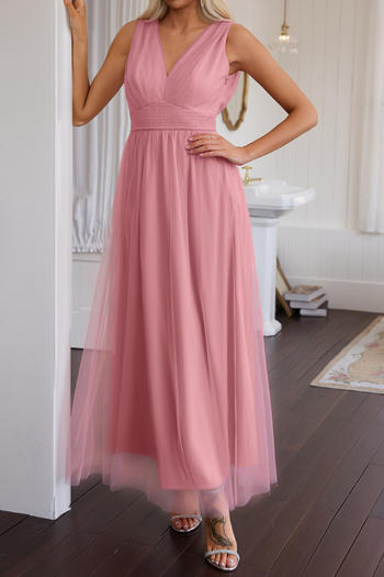 elegant non-stretch v-neck sleeveless mesh stitching maxi dress