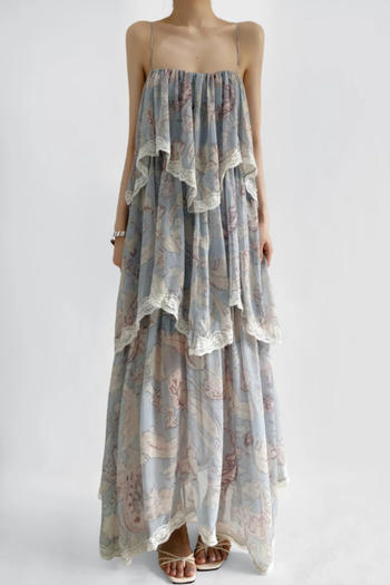 casual non-stretch lace trim chiffon batch printing maxi dress(size run small)