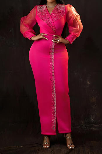 casual plus size stretch patchwork pearl rhinestones decor slim slit maxi dress