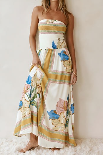 casual plus size non-stretch tube top batch printing linen fabric maxi dress