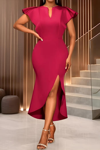 stylish plus size slight stretch pure colour v-neck ruffle midi dress