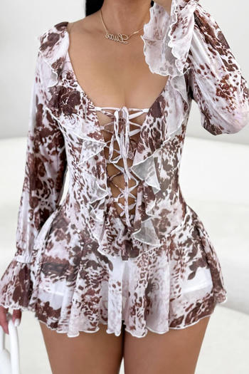 sexy plus size non-stretch printed lace-up mesh mini dress