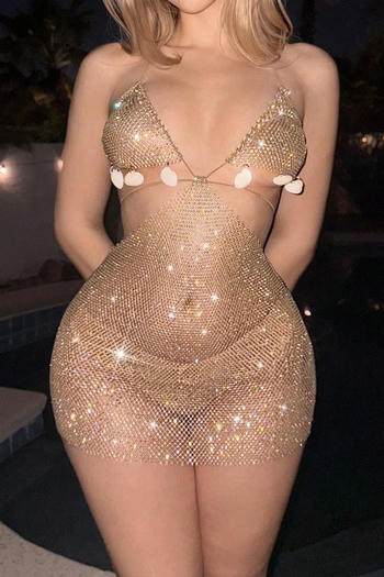 sexy non-stretch hollow fishnet rhinestone sequins sling tight fit mini dress
