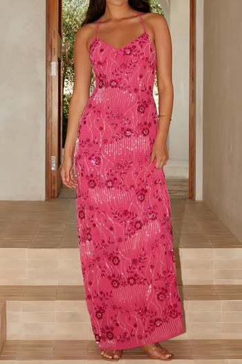 sexy slight stretch sling slim fit embroidery sequins large backless maxi dress