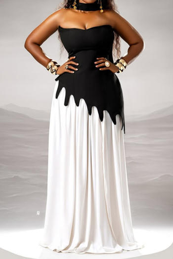 fashion slight stretch tube top stitching contrast color maxi dress with ribbon